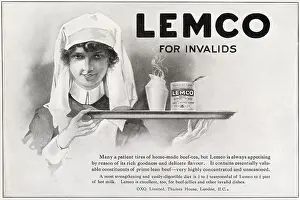 Twenties Prints: Advertisement for Lemco, highly concentrated and unseasoned prime lean beef served with hot milk