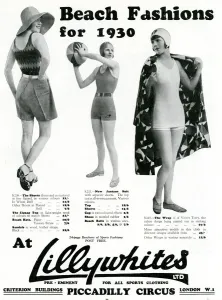 Beach Prints: Advert for Lillywhites beach fashions 1930