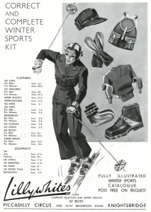 Accessories Prints: Advert for Lillywhites skiing clothing & accessories 1937