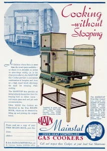 Plated Prints: Advert for Main Mainstat gas cookers with no stooping