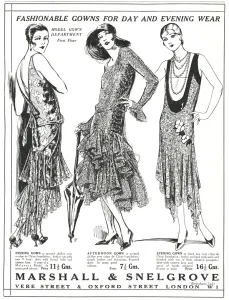 Gowns Prints: Advert for Marshall & Snelgrove fashionable dresses 1929