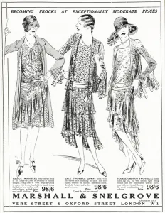 Frocks Prints: Advert for Marshall & Snelgrove fashionable dresses 1929