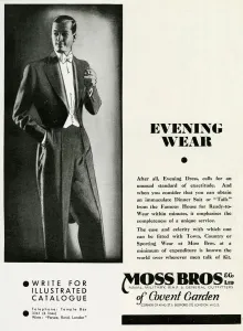 Mens Prints: Advert for Moss Bros mens evening wear
