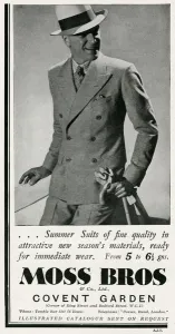 Bros Prints: Advert for Moss Bros summer suits for men 1934