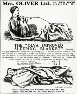 Hospitals Prints: Advert for the Olva sleeping blanket, WW1