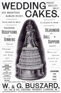 Marriage Prints: Advertisement ornate wedding cake. Date: 1910