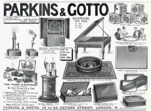 Saloon Prints: Advert for Parkins and Gotto, gambling items 1903