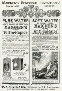 Prints of Two new patented inventions by Maignens, and the dangers of not having a Filtre-Rapide (water filter), from cholera, typhoid, diphtheria and blood poisoning July Prints: Advert for patent Maignens Inventions! 1886