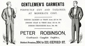 Evening Prints: Advert for Peter Robinson gentlemens evening wear 1895