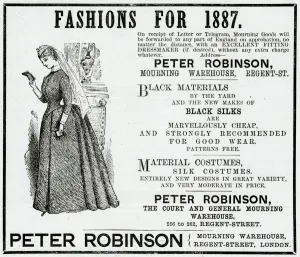 Regent Prints: Advert for Peter Robinson mourning dress 1887