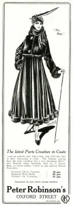 Feathered Prints: Advert for Peter Robinsons womens fur trim coat 1915