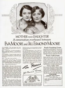 Twenties Prints: Advertisement for Ponds Creams featuring a conversation between Eva Moore