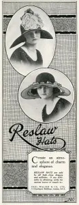 Millinery Prints: Advert for Reslaw womens hats 1924