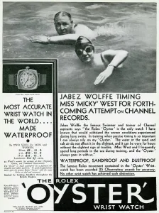 Waterproof Prints: Advert for The Rolex Oyster waterproof wrist watch 1930