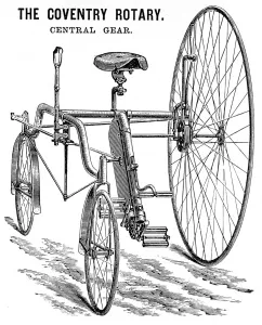1885 Prints: Advertisement for a Rudge Coventry Rotary Tandem Tricycle, 1