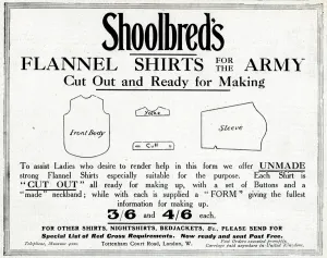 Yoke Prints: Advertisement for Shoolbreds flannel shirts, WW1