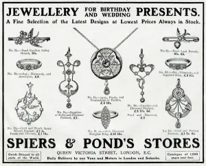 Brooch Prints: Advert for Spiers & Ponds stores, jewellery 1911