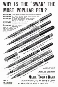 Popular Prints: Advertisement for Swan decorative fountain pens. Date: 1904