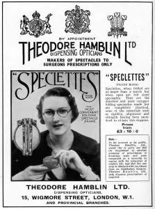 Mark Prints: Advert Theodore Hamblin, fold-away spectacles 1937