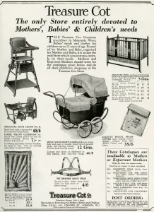 Prams Prints: Advert for Treasure Cot baby specialises 1930