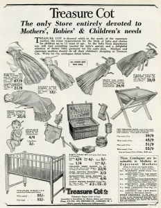 Infants Prints: Advert for Treasure Cot baby specialises 1930