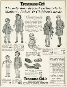 Piece Prints: Advert for Treasure cot: Mother babies & childs wear 1930