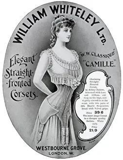 Undergarment Prints: Advertisement for William Whiteley elegant straight fronted corset. Date: 1906