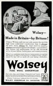 Leicester Prints: Advert for Wolsey pure wool underwear 1914