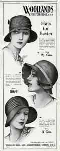 Ribbon Prints: Advert for Woollands cloche hats 1930