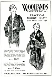 Evening Prints: Advert for Woollands practical bridge coats 1929
