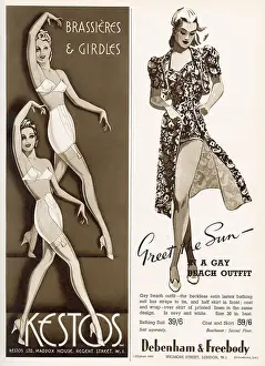 Advertisements Prints: Two adverts from Kestos, brassieres and girdles and Debenham & Freebody beach outfit