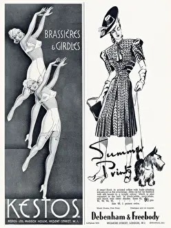 Frocks Prints: Two adverts from Kestos, brassieres and girdles and Debenham & Freebody smart printed frock