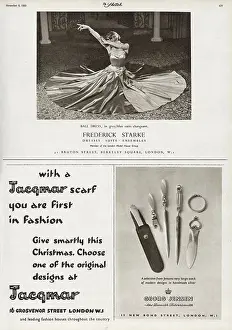 Advertisements Prints: Advertisements - (top) Ball dress in grey/blue satin changeant by Frederick Starke