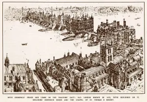 Houses Prints: An aerial view of Southwark and the Old London Bridge in 1600. Date: 1600