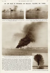 Spain Prints: An air raid in progress on Malaga: blazing oil tanks