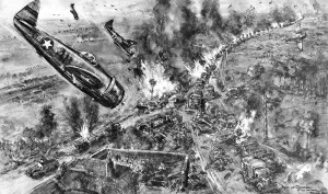 Drawn Prints: American Aircraft attacking German Vehicles, Falaise; Second