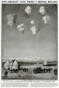 Firing Prints: Anti-aircraft guns firing on British biplane, 1914
