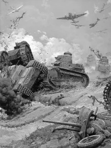 Tracks Prints: Army tanks in battle with planes overhead, WW2