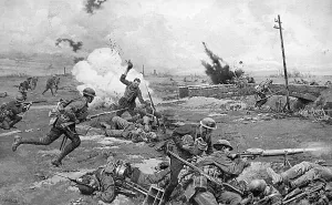 Matania Prints: Australian troops counter-attack at Amiens, WW1