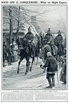 Cavalry Prints: Austrian cavalry entering village in Russian Poland 1915