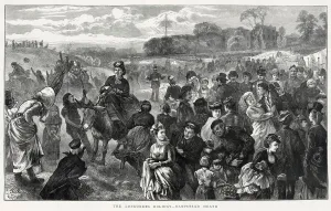 West Prints: Bank Holiday leisure on Hampstead Heath, north west London - a lady rides a donkey