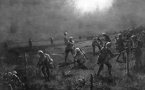 Covering Prints: Barbed wire party freeze under enemy star shell, WW1