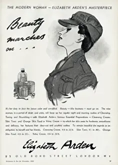 Wwii Prints: Beauty marches on... WWII era advertisement for Elizabeth Arden featuring a woman smartly dressed in uniform