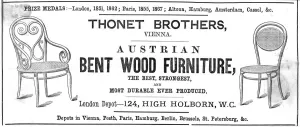 Prints of Advertisement for bent wood furniture designed by Thonet, Vienna Date: 1873 December Prints: Bentwood Chairs