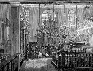 Prints of Engraving showing the interior of Bevis Marks Synagogue, London, c.1889. Bevis Marks was the first synagogue to be built, after the restoration, by Spanish and Portuguese Jews in Britain in 1701 November Prints: Bevis Marks Synagogue, London, 1889