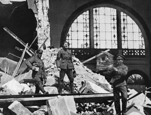 Cage Prints: A bird-cage rescued from the ruins of a house, WW1
