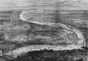 Course Prints: Bird s-eye view of the Oxford and Cambridge boat-race course