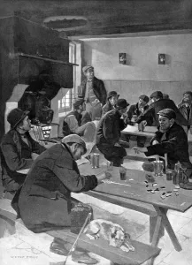 Prints of Illustration showing a bird singing match, in progress in a public house, in the East End of London, 1903 November Prints: Bird Singing Match in an East End Pub, 1903