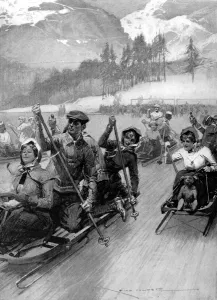 Prints of Illustration showing a bobsleigh punting race held on a bandy rink (a form of ice hockey) at St. Moritz, Switzerland, 1909 November Prints: Bobsleigh Races on an ice-rink, St. Moritz, 1909
