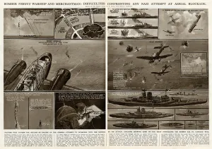 Merchant Prints: Bomber v. warship and merchantman by G. H. Davis